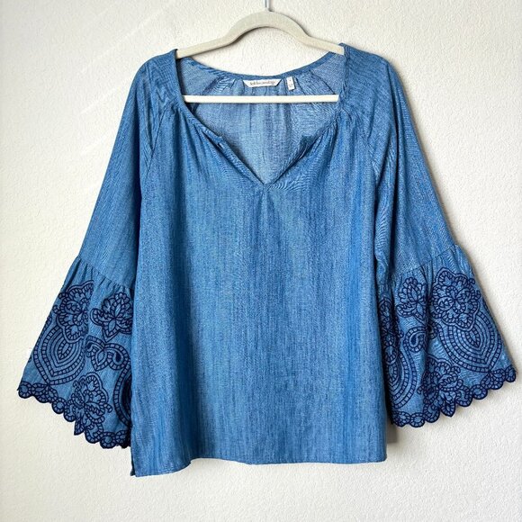 Soft Surroundings Tops - Soft Surroundings Chambray Embroidered Flare Bell Sleeve V-Neck Blouse Top